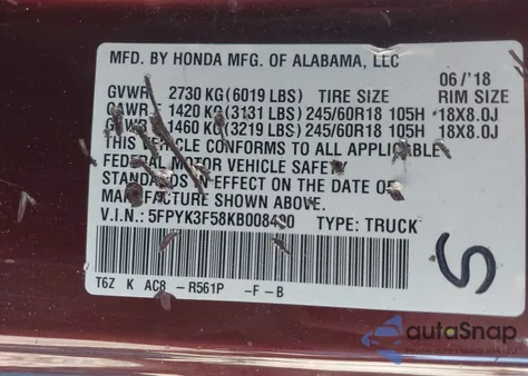 2019 Honda Ridgeline Rtl from USA, damaged, VIN 5FPYK3F58KB008490